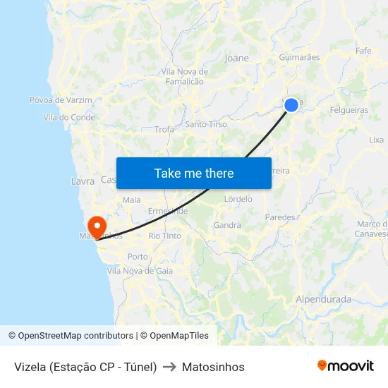 Vizela (Estação CP - Túnel) to Matosinhos map