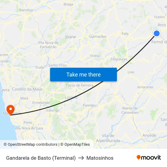 Gandarela de Basto (Terminal) to Matosinhos map
