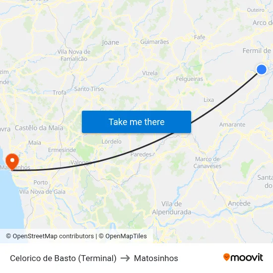Celorico de Basto (Terminal) to Matosinhos map