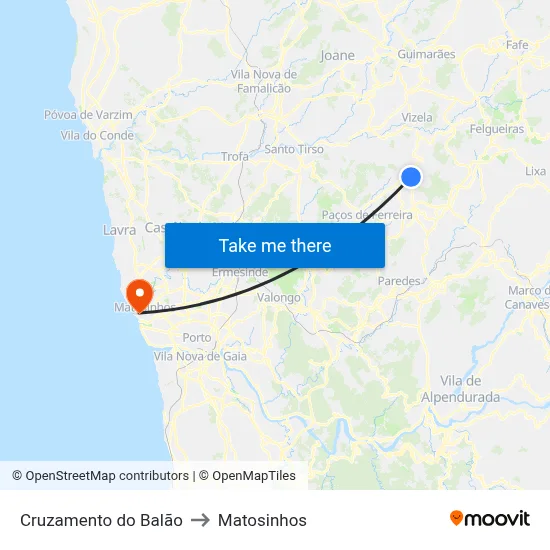 Cruzamento do Balão to Matosinhos map
