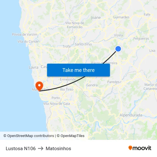 Lustosa N106 to Matosinhos map
