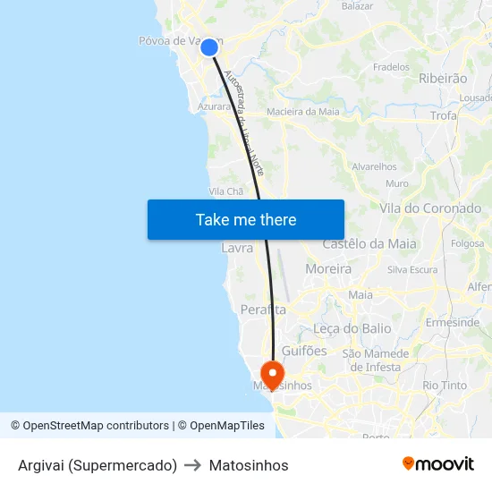 Argivai (Supermercado) to Matosinhos map