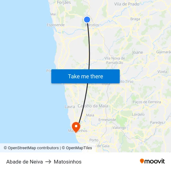 Abade de Neiva to Matosinhos map