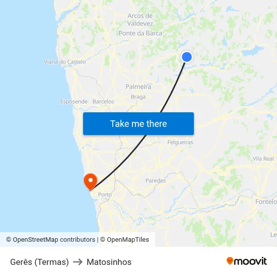 Gerês (Termas) to Matosinhos map