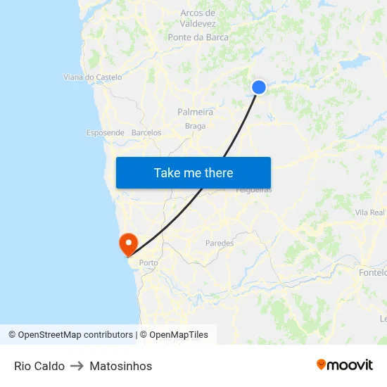 Rio Caldo to Matosinhos map