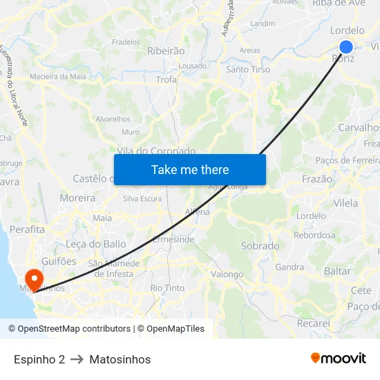 Espinho 2 to Matosinhos map