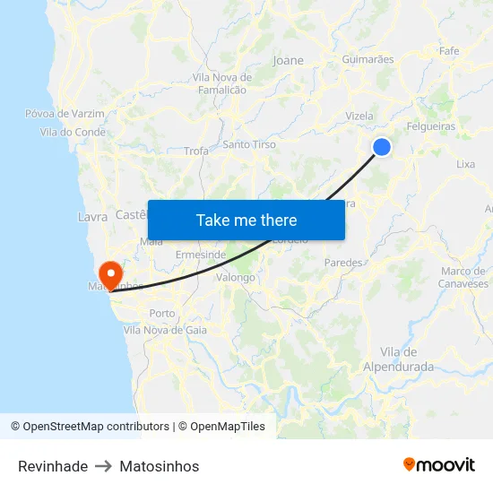 Revinhade to Matosinhos map