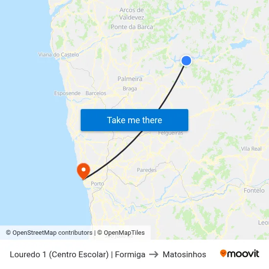 Louredo 1 (Centro Escolar) | Formiga to Matosinhos map