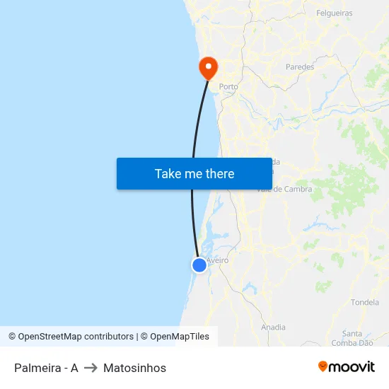 Palmeira - A to Matosinhos map