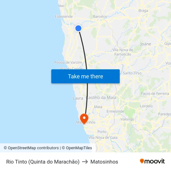 Rio Tinto (Quinta do Marachão) to Matosinhos map