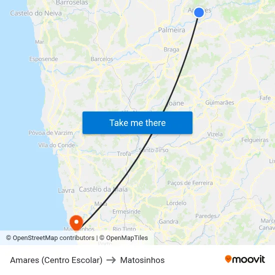 Amares (Centro Escolar) to Matosinhos map