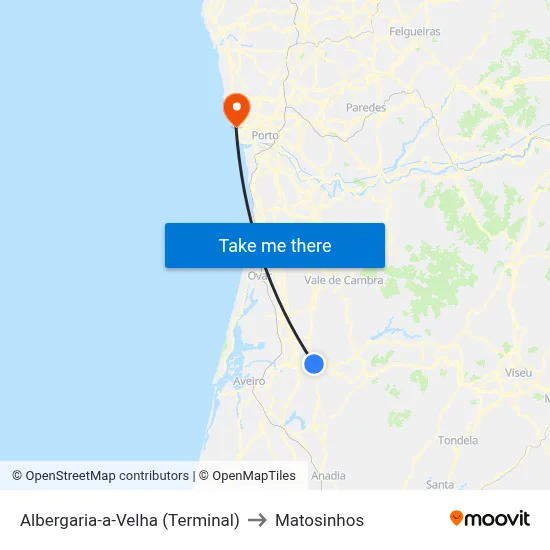 Albergaria-a-Velha (Terminal) to Matosinhos map