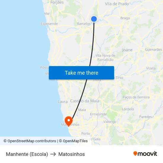 Manhente (Escola) to Matosinhos map