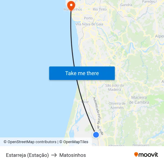 Estarreja (Estação) to Matosinhos map