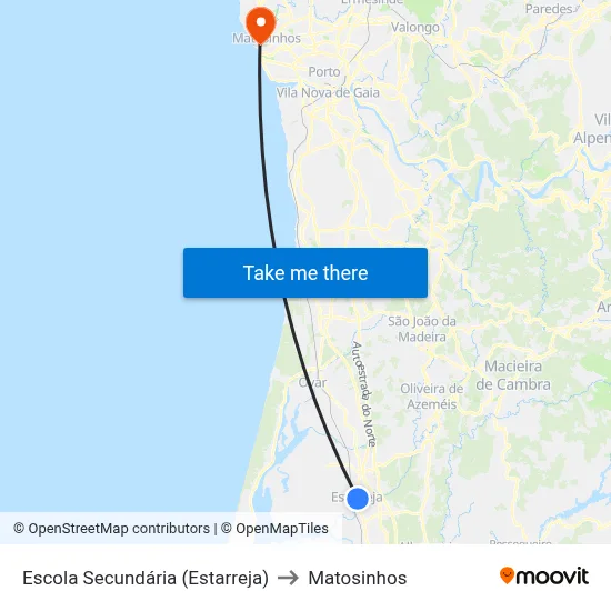 Escola Secundária (Estarreja) to Matosinhos map