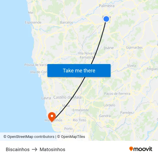 Biscainhos to Matosinhos map