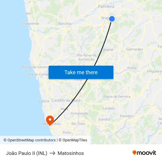 João Paulo II (INL) to Matosinhos map