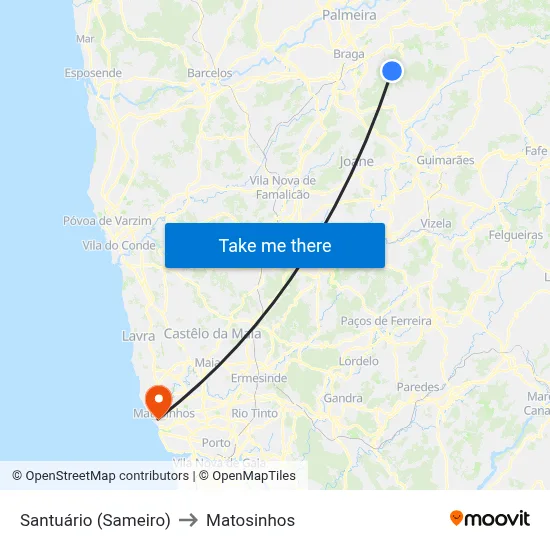 Santuário (Sameiro) to Matosinhos map