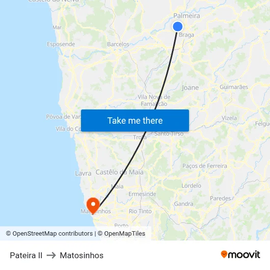 Pateira II to Matosinhos map