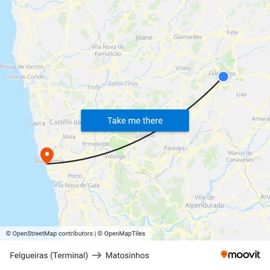 Felgueiras (Terminal) to Matosinhos map