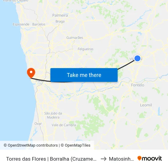 Torres das Flores | Borralha (Cruzamento) to Matosinhos map