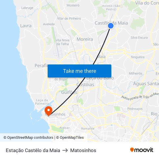 Estação Castêlo da Maia to Matosinhos map