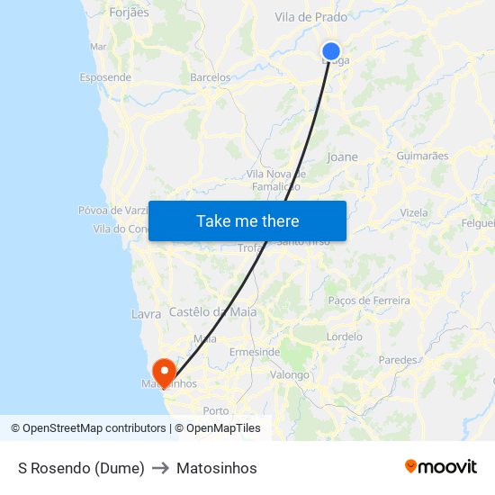 S Rosendo (Dume) to Matosinhos map