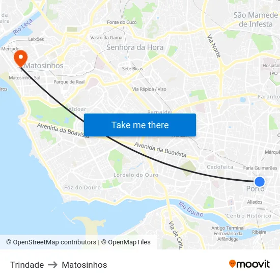 Trindade to Matosinhos map