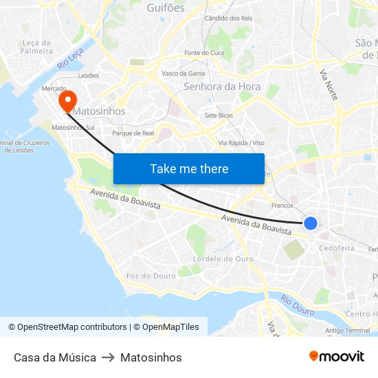 Casa da Música to Matosinhos map