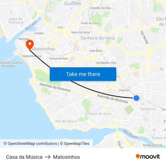 Casa da Música to Matosinhos map