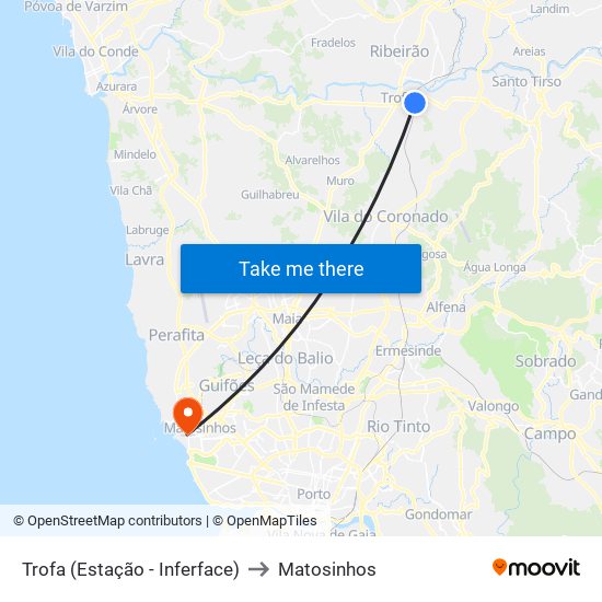 Trofa (Estação - Inferface) to Matosinhos map