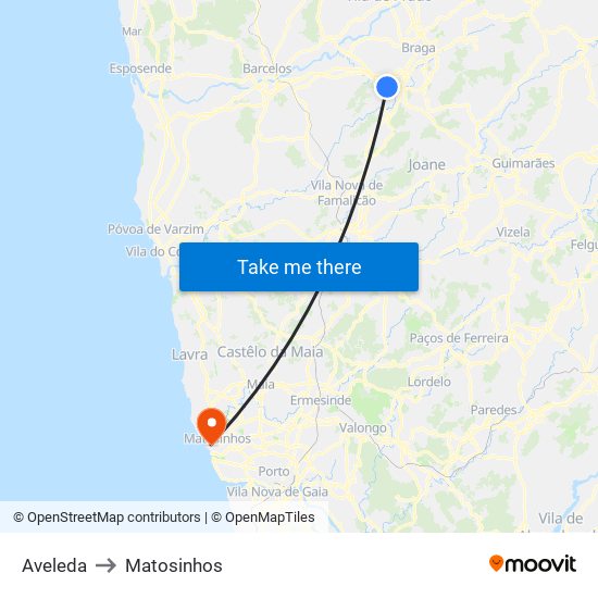 Aveleda to Matosinhos map