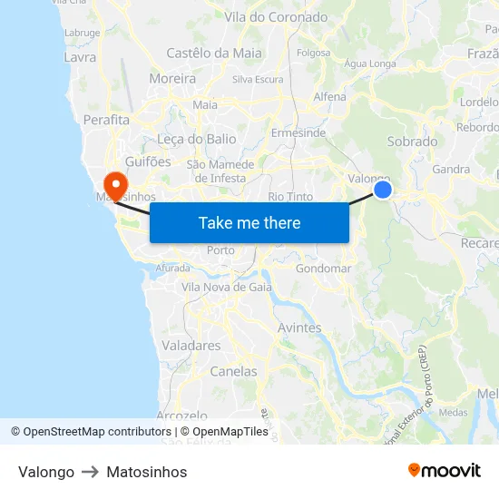 Valongo to Matosinhos map