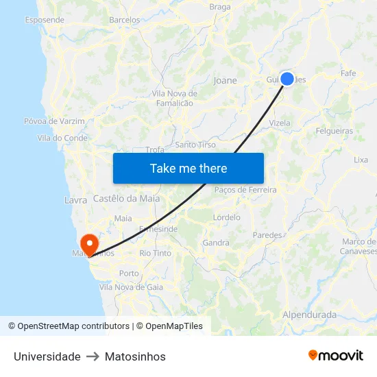 Universidade to Matosinhos map