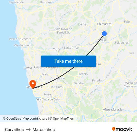 Carvalhos to Matosinhos map