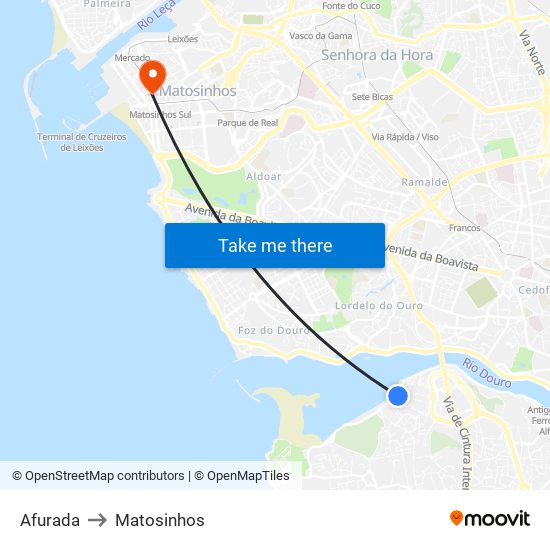 Afurada to Matosinhos map