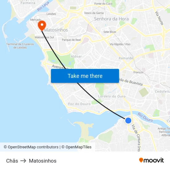 Chãs to Matosinhos map