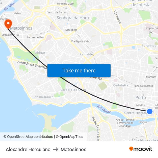 Alexandre Herculano to Matosinhos map
