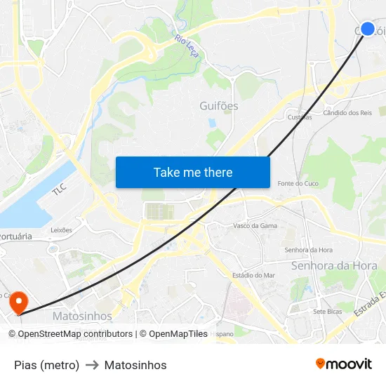 Pias (metro) to Matosinhos map