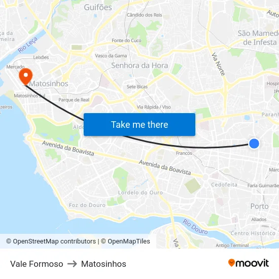 Vale Formoso to Matosinhos map