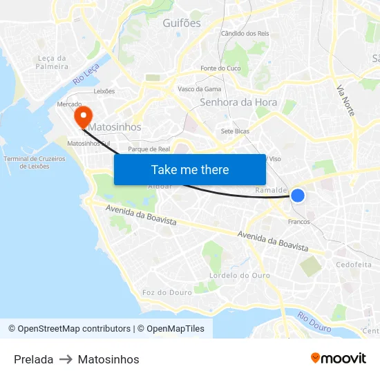Prelada to Matosinhos map
