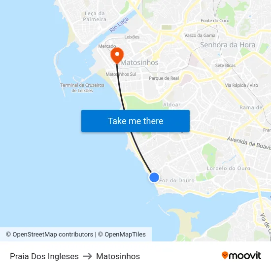 Praia Dos Ingleses to Matosinhos map