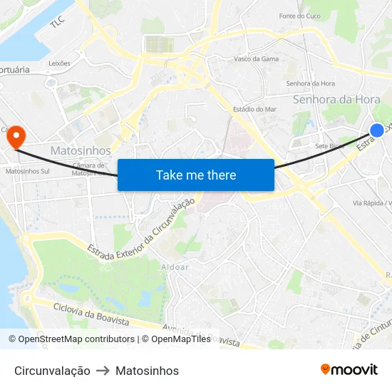 Circunvalação to Matosinhos map