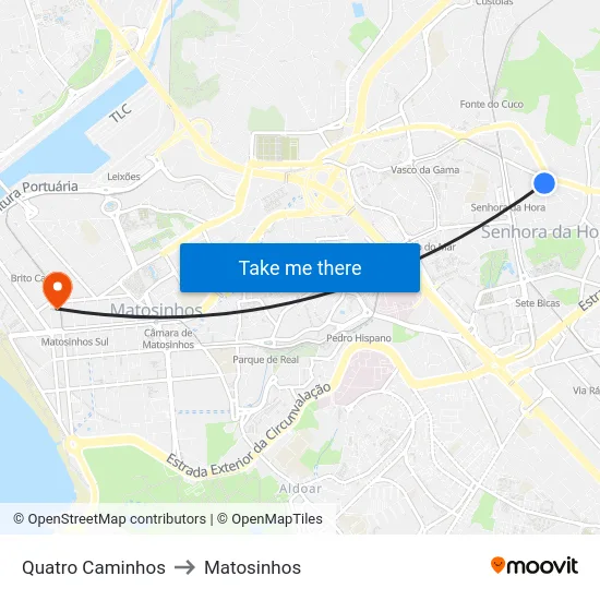 Quatro Caminhos to Matosinhos map