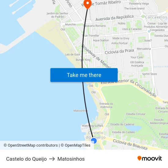 Castelo do Queijo to Matosinhos map