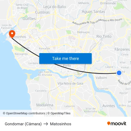 Gondomar (Câmara) to Matosinhos map