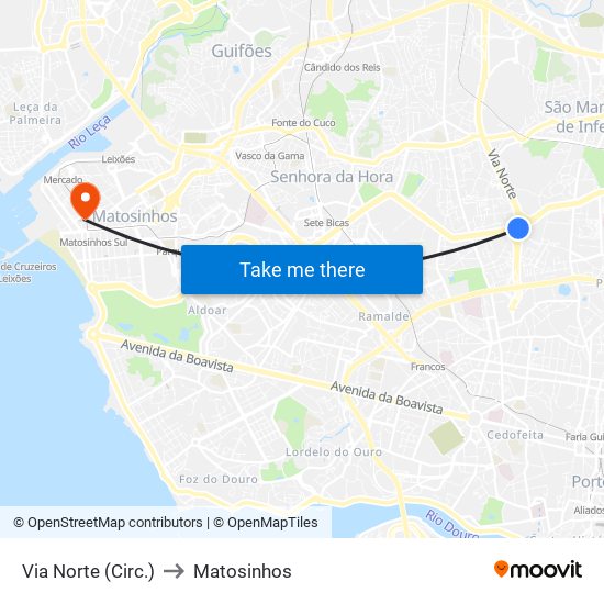 Via Norte (Circ.) to Matosinhos map