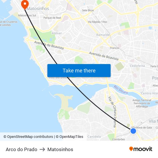 Arco do Prado to Matosinhos map