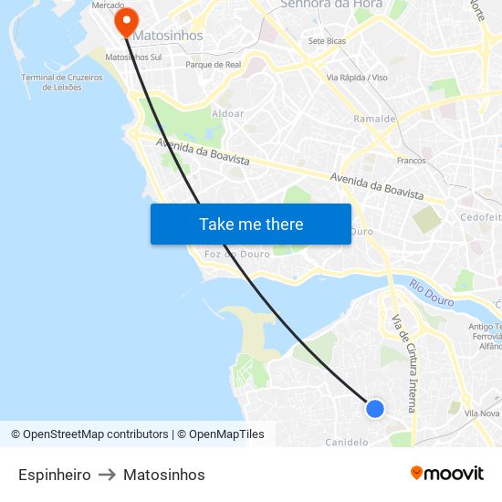 Espinheiro to Matosinhos map