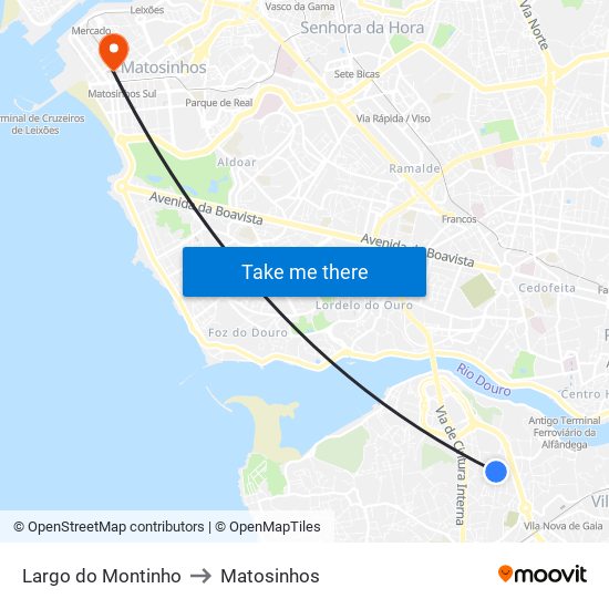 Largo do Montinho to Matosinhos map